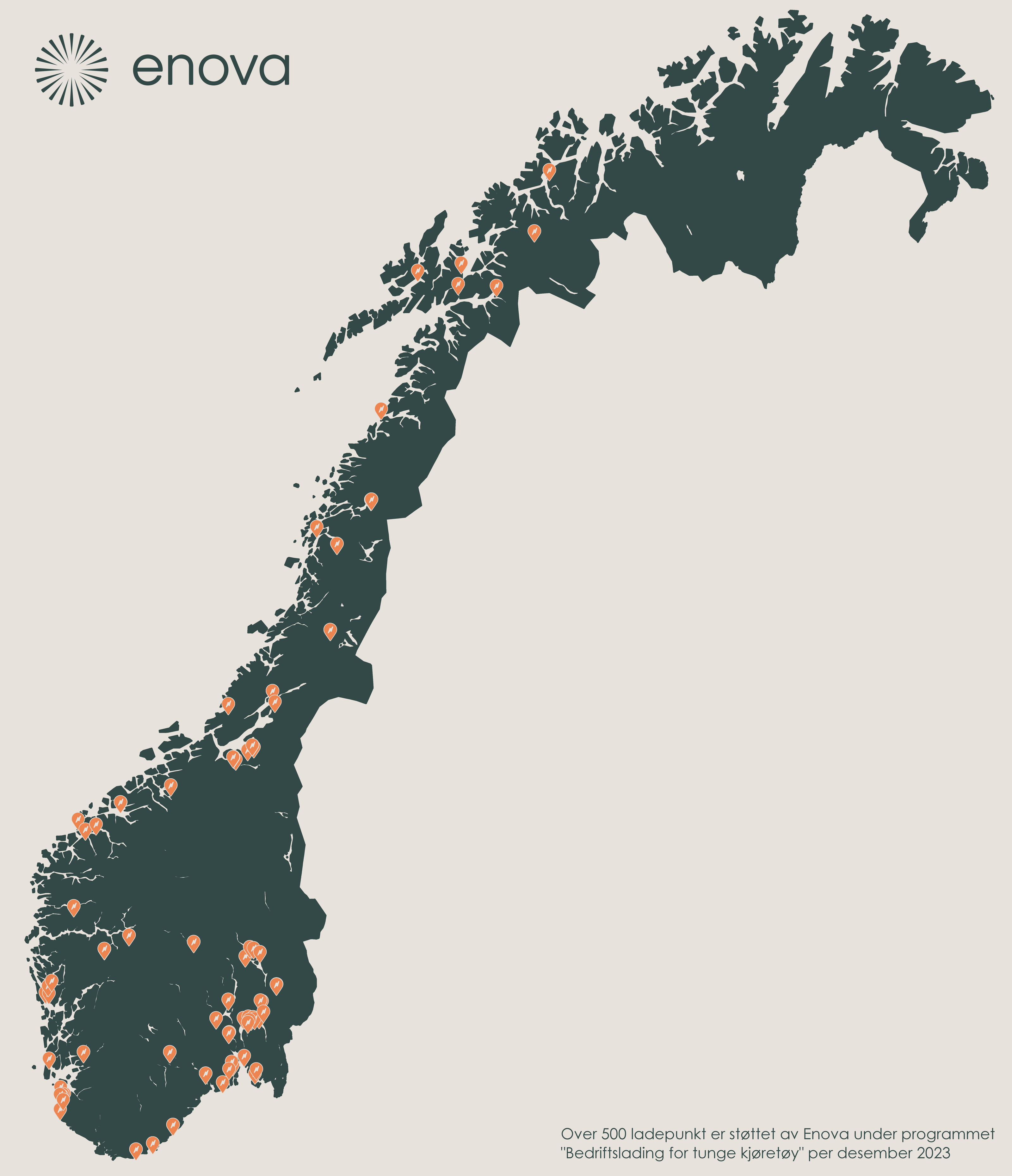 Figur 4.3.2.1 Kart over Støttede ladestasjoner i 2023 - Bedriftslading for tunge kjøretøy
