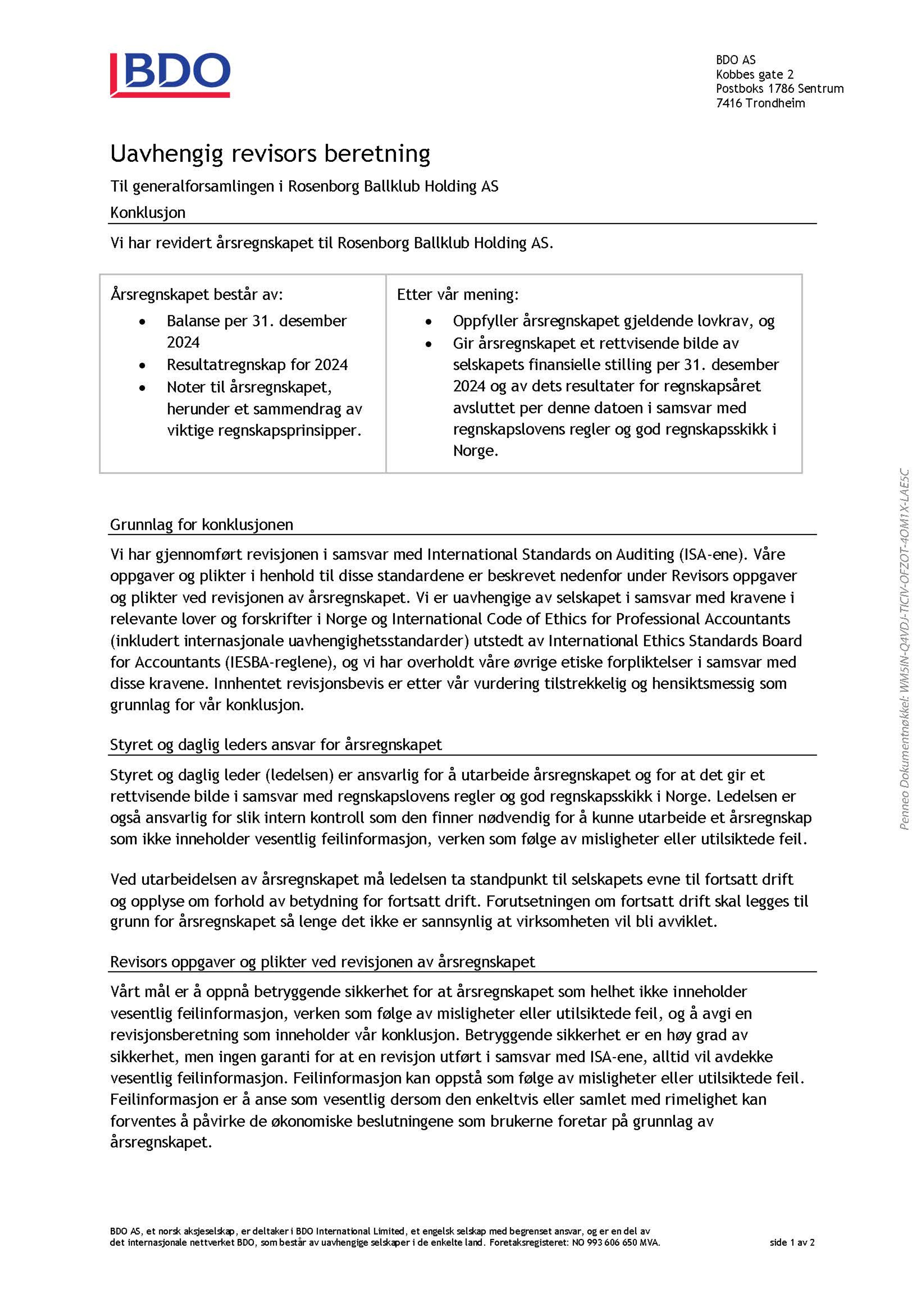 Revisors beretning Rosenborg Ballklub Holding AS side 1