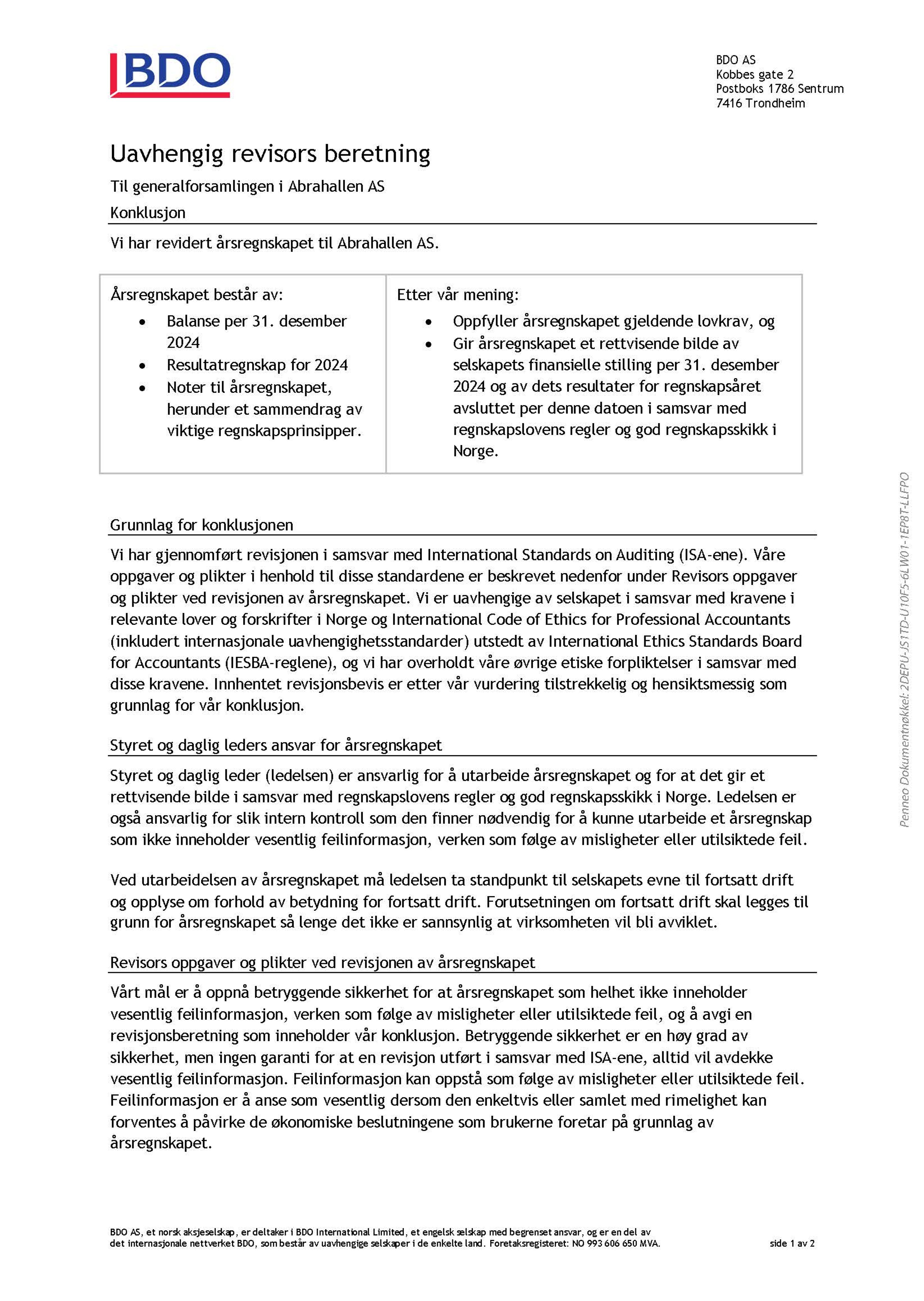 Revisors beretning Abrahallen AS side 1