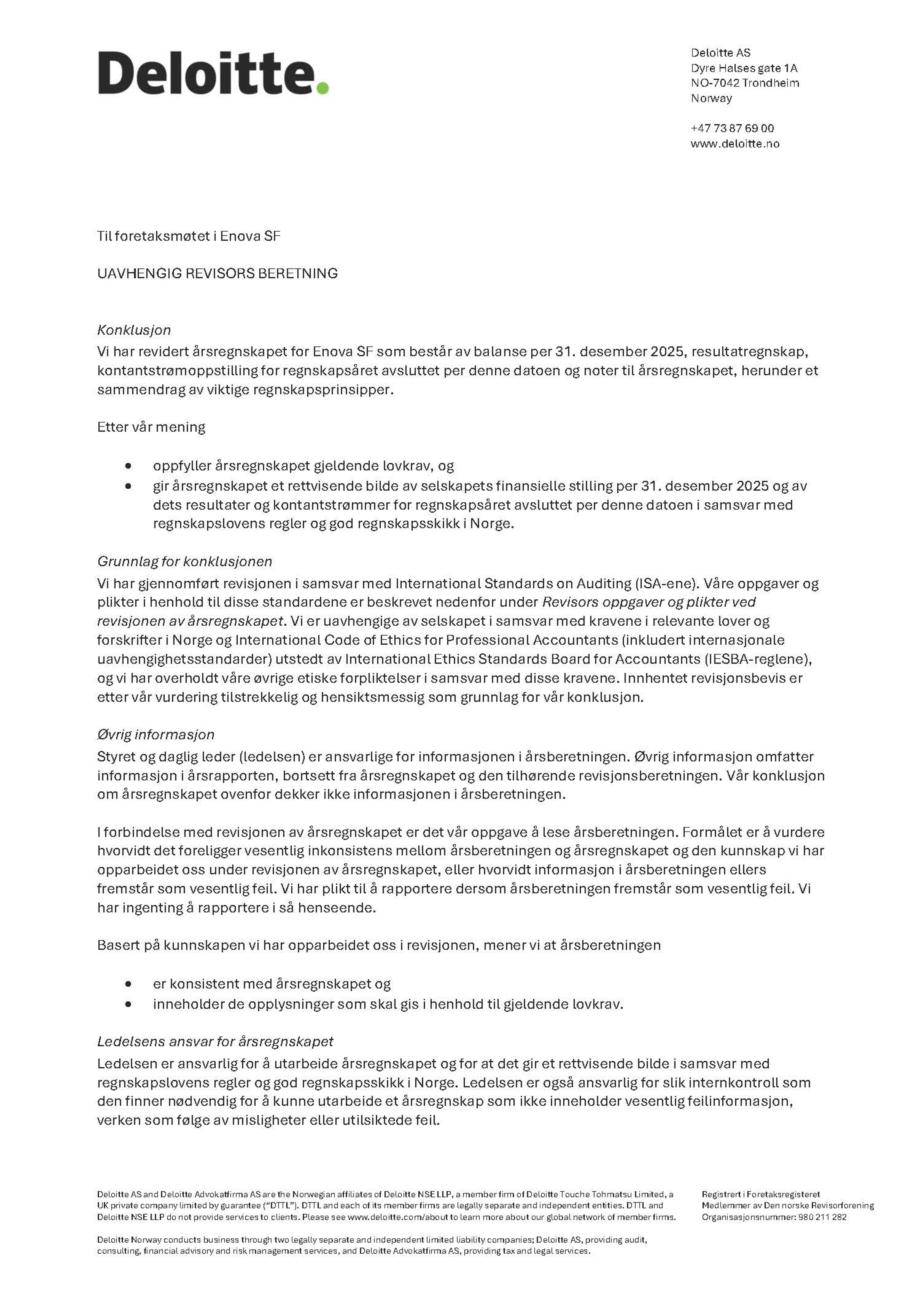 Enova SF - Uavhengig revisors beretning