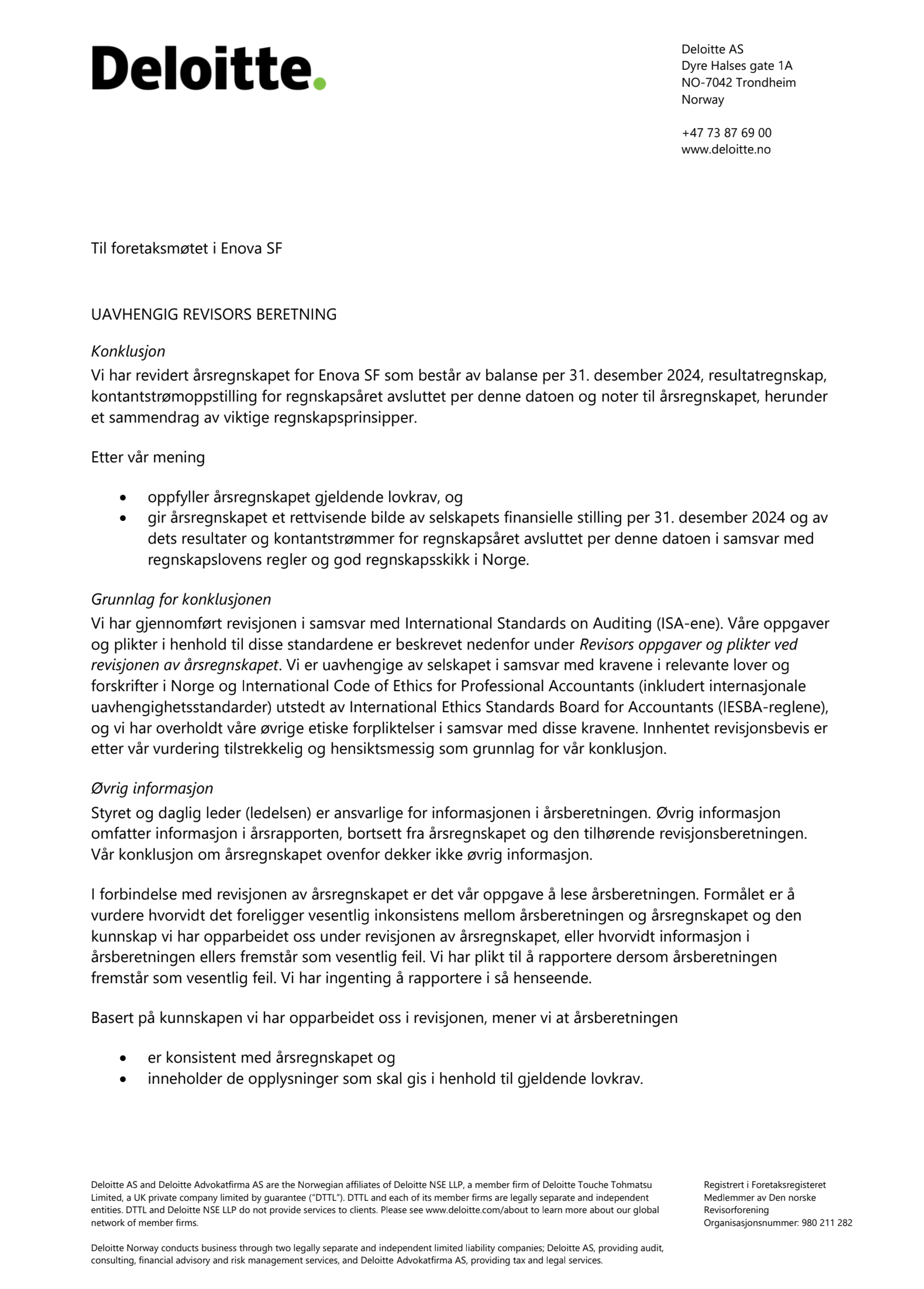 Enova SF - Uavhengig revisors beretning