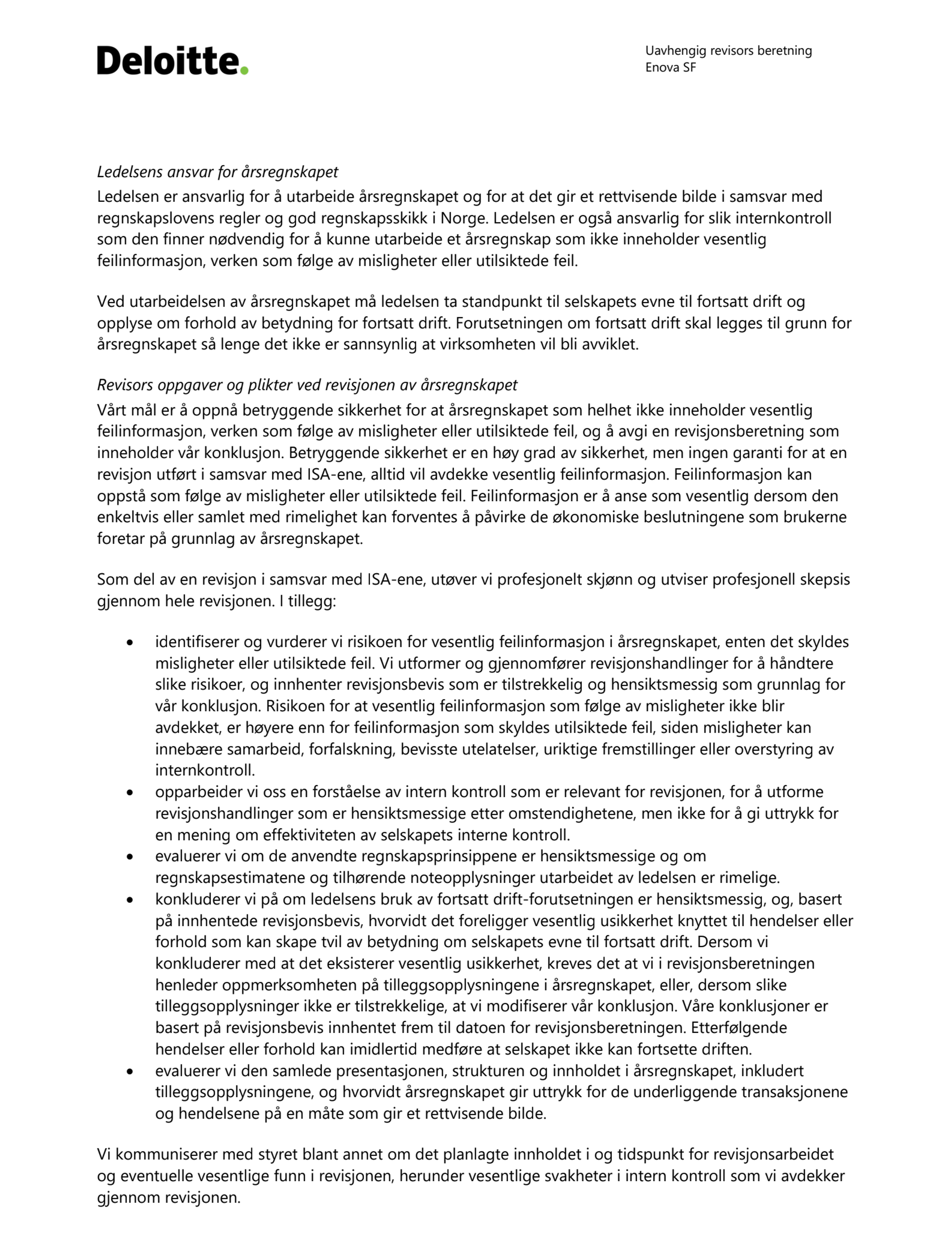 Enova SF - Uavhengig revisors beretning